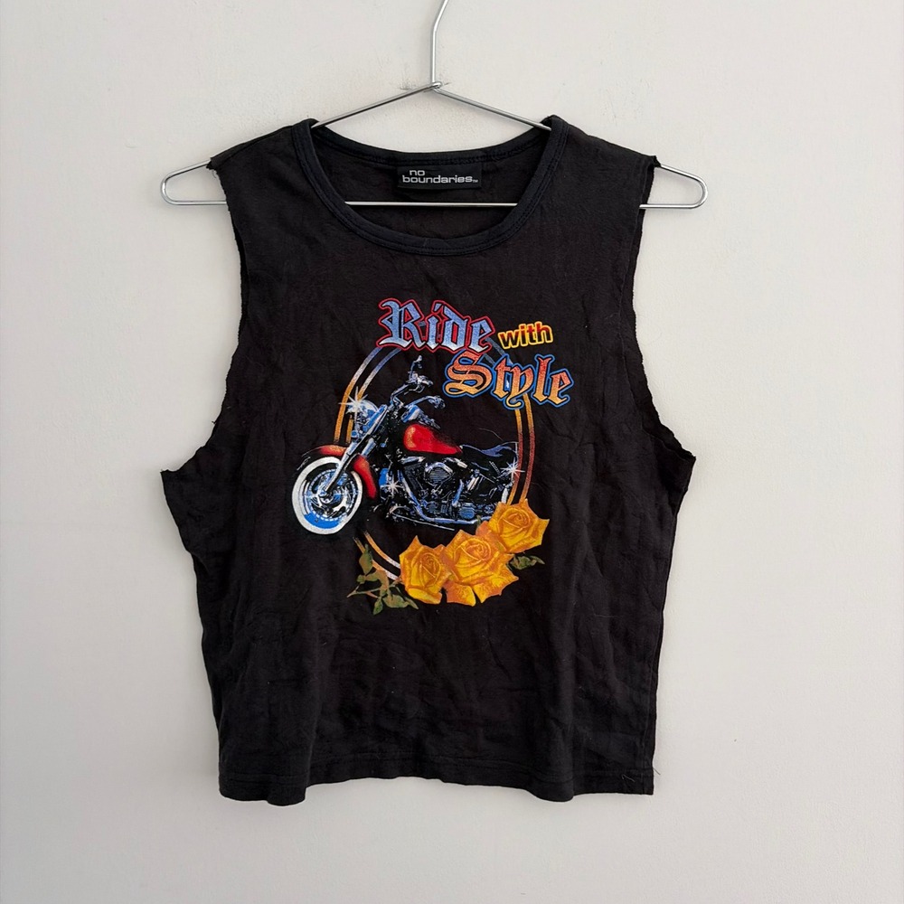 No Boundaries Ride With Style Biker Graphic Muscle Tank Top Black